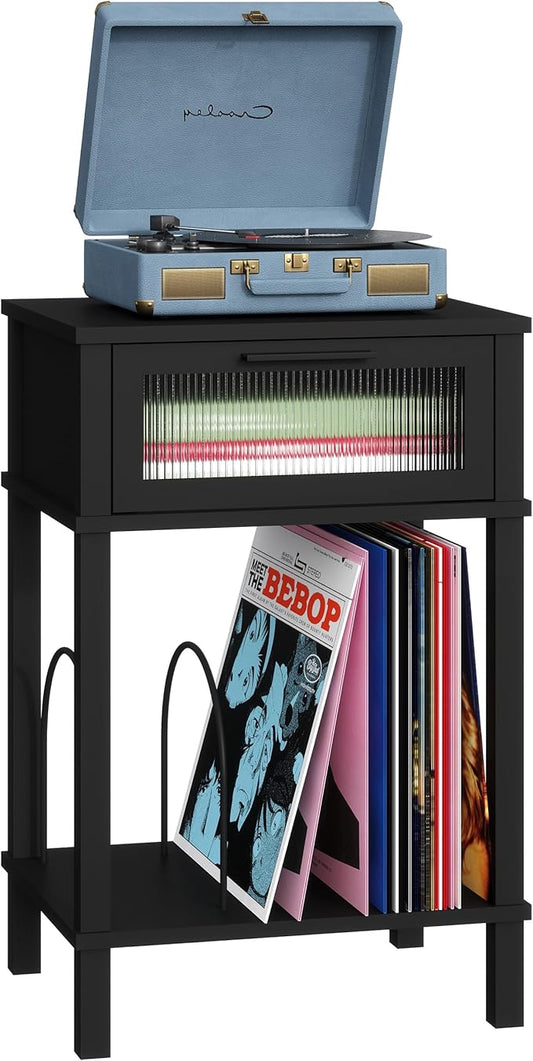 End Table with Record Player Stand, Side Table with Storage, 2-Tier Nightstand with Drawer and Record Holder, Modern Black Bedside Table for Living Room Bedroom MLBZ18B