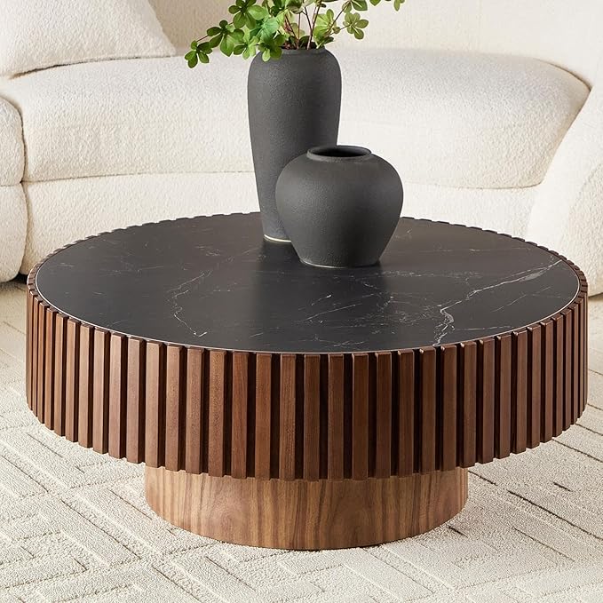 Coffee Table Stone Round 35.43'' for Living Room Modern Coffee Tables Wood Circle Drum Tea Fluted Solid Wooden Veneer Sintered Tabletop Handcraft Home Furniture for Apartment Easy Assembly Walnut-NeatNest