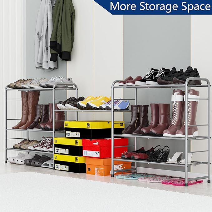 4-Tier Stackable Shoe Rack,Expandable & Adjustable Shoe Organizer Storage Shelf,High Capacity,Wire Grid,Silver-NeatNest