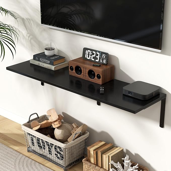 Fun Memories Floating Shelves for Wall, 12 Inch Deep Floating Shelves Set of 2, Wall Mounted Shelf with Metal Brackets, Rustic Wood Wide Shelf for Bathroom, Kitchen and Living Room, Black, 48W x 12D-NeatNest