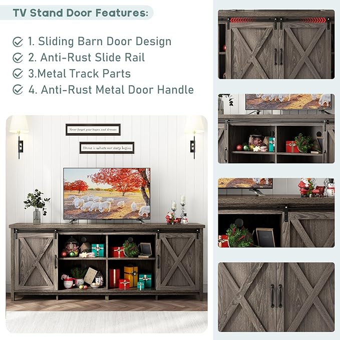 70In Farmhouse TV Stands for 70 75 80inch TV w/Adjustable Shelves,Sliding Barn Door.Rustic Wooden Entertainment Center,TV Console Grey Cabinet w/Storage for Bedroom Living Room(Dark Grey 70in)-NeatNest