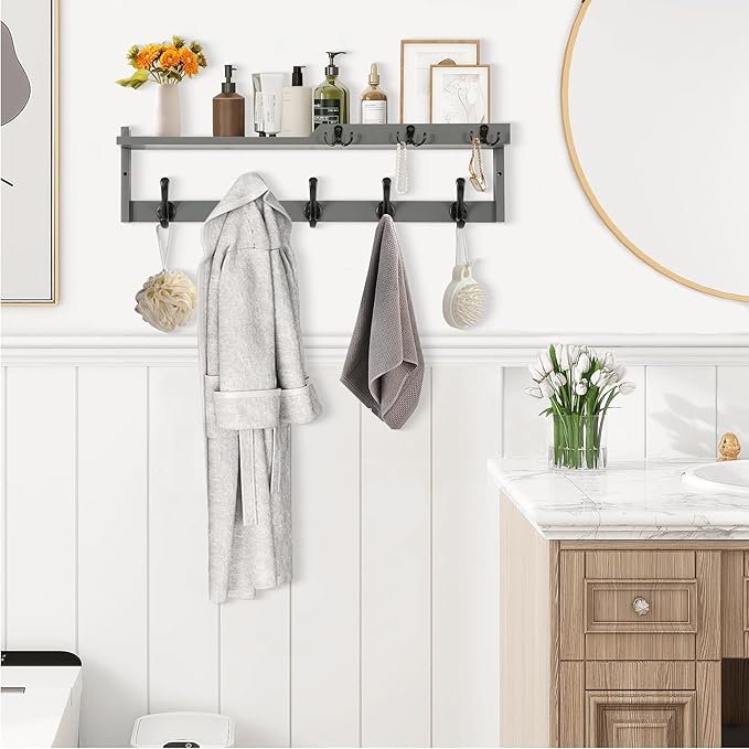 29'' Coat Rack Wall Mount with Shelf, Coat Hanger with Key Hooks and Mail Holder, Wood Entryway Wall Floating Shelf with Hooks and Storage, Hat Rack Key Holder Mail Organizer