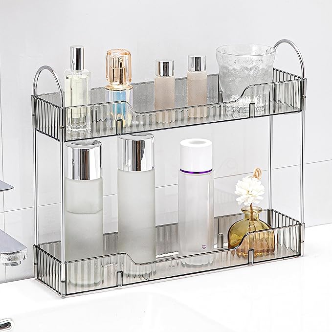 YCIA&DONE 2 Tiers Narrow Vanity Makeup Organizer, Bathroom Organizers Countertop Slim, Perfume Holder Skincare Storage Cosmetic Shelf Spice Rack, for Small Desktop Counter Space, Smoky Gray-NeatNest