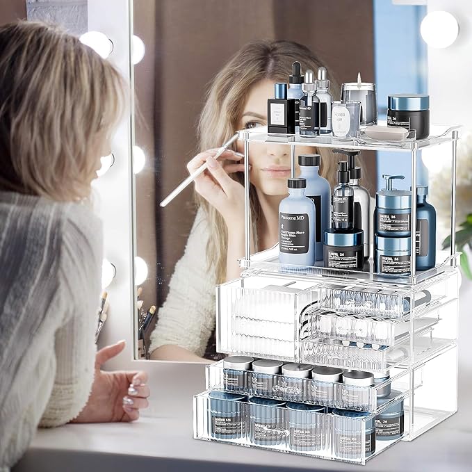 Acina Bathroom Countertop Organizers and Storage: 2-Tier 6-Drawer Makeup Organizer Countertop, Easy to Install, Ideal for Bathroom Storage, Vanity, Perfume, Large Skincare Items, Present, Clear-NeatNest
