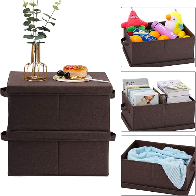 HOONEX Linen Foldable Storage Bins with Lids, 2 Pack, Storage Boxes with Carrying Handles and Sturdy Heavy Cardboard, 16.5" L x 11.8" W x 7.5" H for Shoes, Clothes, Brown-NeatNest