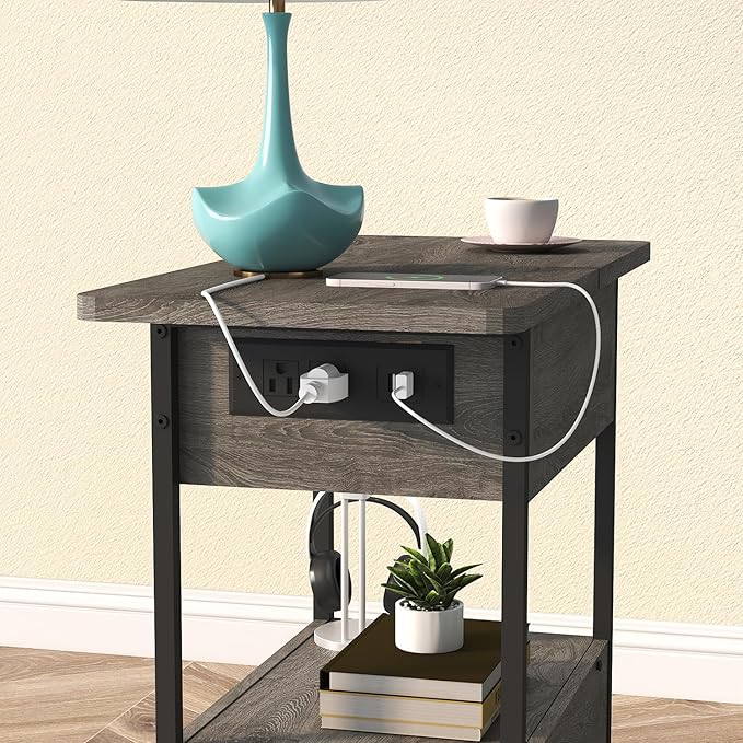 SOOWERY End Table with Charging Station, Narrow Side Table with Flip Top Cabinet and Fabric Drawer, Nightstand Bedside Tables for Small Spaces, Bedroom, Living Room, Dark Grey