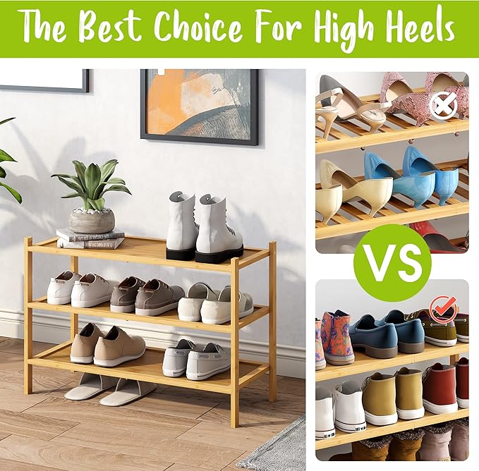 BMOSU 3-Tier Bamboo Shoe Rack Premium Stackable Shoe Shelf Storage Organizer for Hallway Closet Living Room Entryway Organizer(Natural)-NeatNest