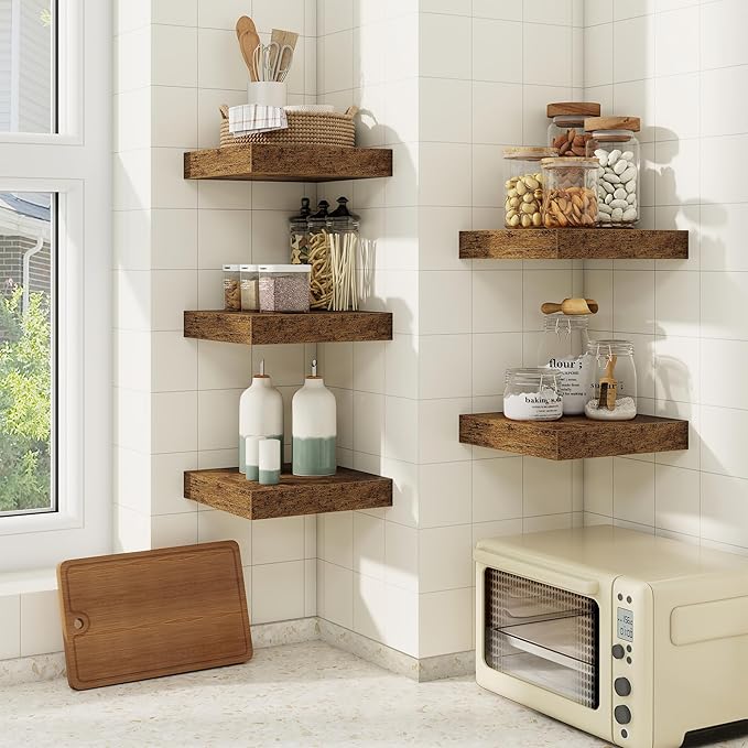 fuqing Floating Shelves for Wall, Bathroom Shelf Wall Mounted for Storage, Shelves with Invisible Bracket for Bedroom, Kitchen, Living Room, Farmhouse Small Book Shelf, 6.5 Inch Set of 3, Rustic Brown-NeatNest