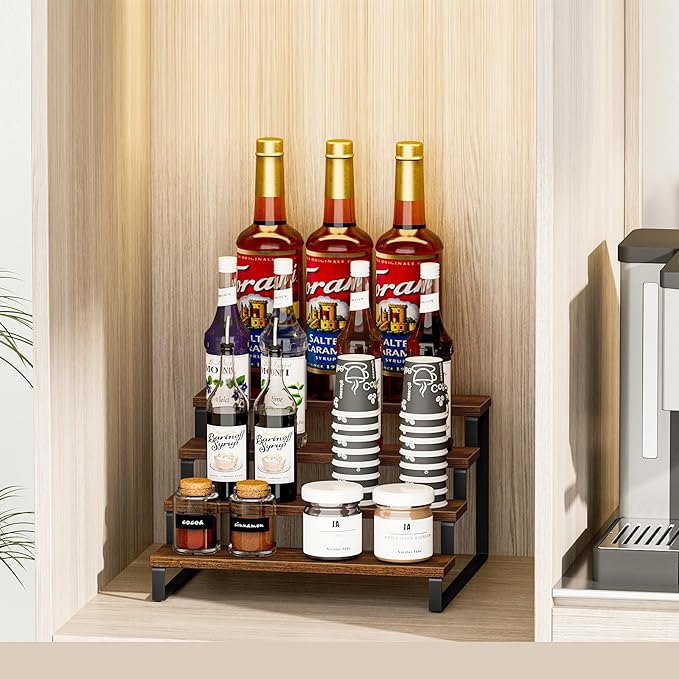 Giikin 4 Tier Spice Rack, Wooden Spice Rack for Countertop, Kitchen Counter Storage Shelves Cupcake Stand Holder Display Stand, Rustic Brown-NeatNest