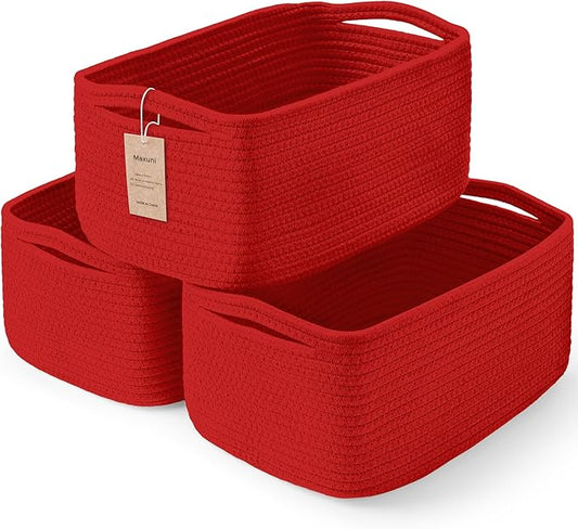 3-Pack Storage Baskets for Organizing | Woven Shelf Toy Basket | Rope Baskets for Gifts Empty | Closet Organizer Bins with Handles | Cube Decorative Box | 13.7×7.1×6.7” | Red-NeatNest