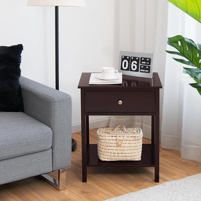 Giantex Nightstand, Wood End Table with Drawer and Open Shelf, Night Stand for Small Spaces, 2-Tier Bedside Table for Living Room Bedroom Dorm, Easy Assembly, Brown