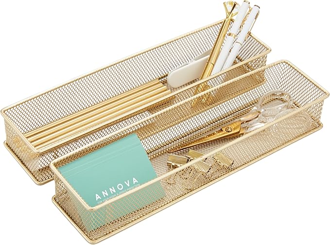 Annova Mesh Stackable Drawer Cabinet and Shelf Organizer Bins Storage Basket School Office Supply Holder Tray- Set of 2 (Gold, 3x12x2 Inch)-NeatNest