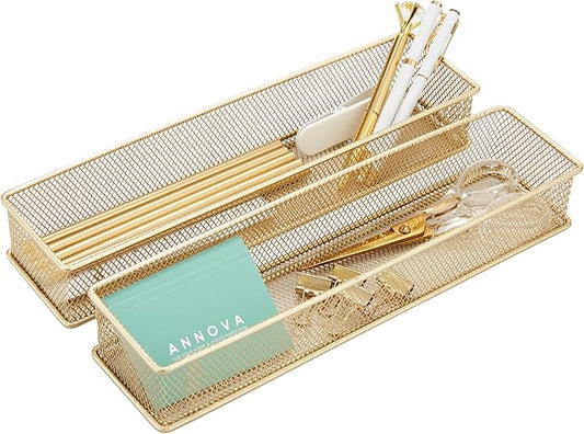 Annova Mesh Stackable Drawer Cabinet and Shelf Organizer Bins Storage Basket School Office Supply Holder Tray- Set of 2 (Gold, 3x12x2 Inch)-NeatNest