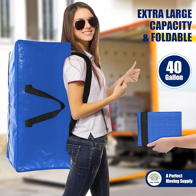 Cosy Family 8 Pack Heavy Duty Extra Large Moving Bags with Backpack Straps - Strong Handles & Zippers, Storage Totes For Space Saving, Fold Flat, Alternative to Moving Box (40 gal, Multicolored)-NeatNest