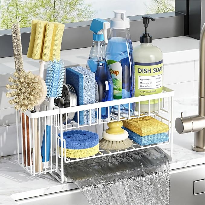 Cisily White 2-Tier Kitchen Sink Caddy Organzier Rack with Flexible Dish Brush Holder, Sponge Holder for Kitchen Sink Countertop Organization Storage,Home Decor Accessories-NeatNest