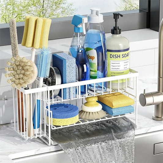 Cisily White 2-Tier Kitchen Sink Caddy Organzier Rack with Flexible Dish Brush Holder, Sponge Holder for Kitchen Sink Countertop Organization Storage,Home Decor Accessories-NeatNest