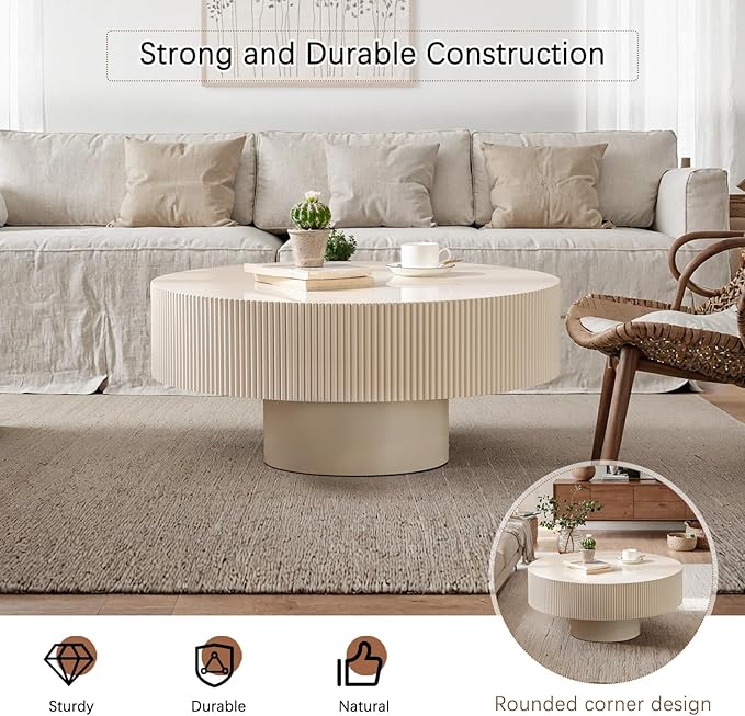 Fluted Coffee Tables 30.91" Round Wood Coffee Table Modern Handcraft Drum Coffee Table with Sturdy Pedestal Circle Luxury Center Tables for Living Room Home Office,White Thickened