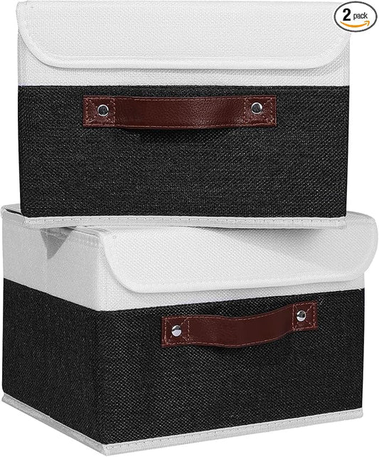 ANMINY 2PCS Storage Boxes with Lid Washable Decorative Storage Bins Basket with PU Leather Handle Foldable Linen Fabric Storage Cubes Containers for Home Closet Organizer - Black White, Small Size-NeatNest