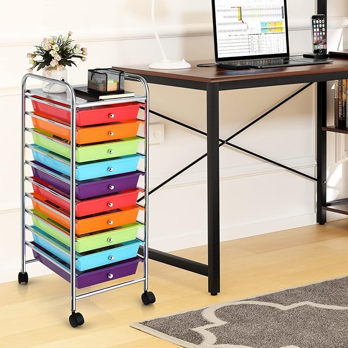 COSTWAY 10-Drawer Rolling Storage Cart, Utility Mobile Trolley with Removable Drawers & Universal Casters & 2 Brakes, Versatile Flexible Drawer Organizer Cart for Home, Office (Multi-Colored)-NeatNest