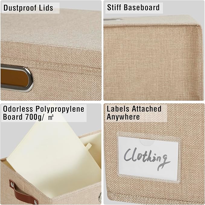 17" Large Collapsible Storage Bins with Lids, Stackable Closet Organizers with PU Handle and Labels, 3-Pack Decorative Fabric Storage Boxes for Home, Bedroom, Closet, Office, Nursery(Khaki)-NeatNest