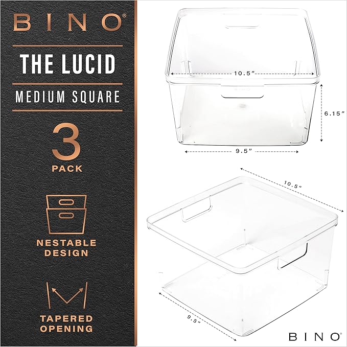 BINO | Plastic Storage Bins, Square - 3 Pack | THE LUCID COLLECTION | Multi-Use Bins | Built-In Handles | BPA-Free | Clear Containers | Fridge Organizer | Pantry & Home Organization-NeatNest
