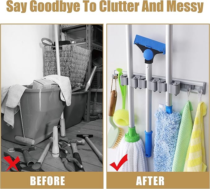 DrDirt Broom Holder Wall Mount, Durable Aluminum Mop and Broom Holder with 3 Sliding Grippers & 4 Hooks, DIY Modular Design, Strong for Home, Courtyard, Bathroom, Garage, Closet-NeatNest