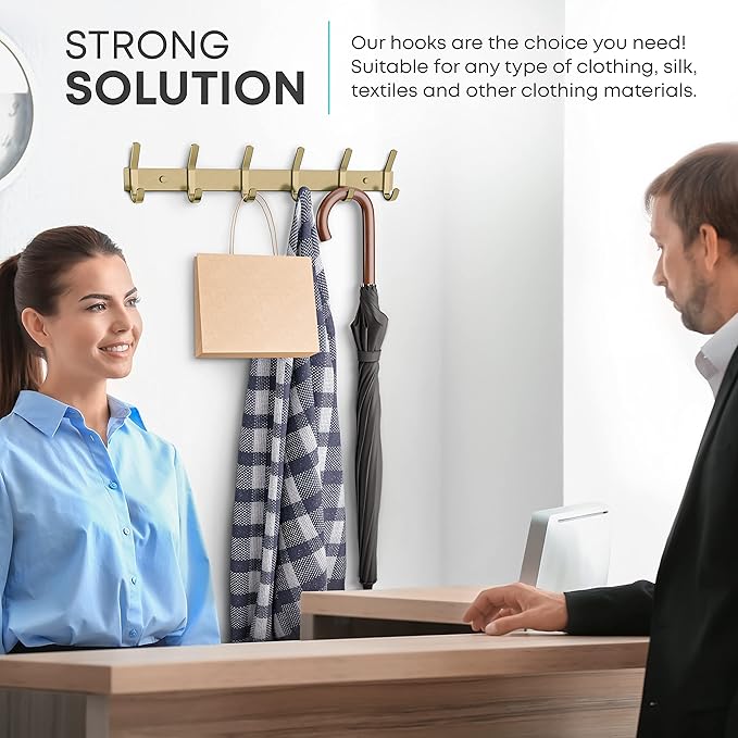 Brushed Gold Wall Mounted Coat Rack – 17 Inch Stainless Steel Rail with 6 Double Coat Hooks for Entryway, Bathroom, Bedroom, Kitchen – Modern Gold Hook Rack for Coats, Hats, Towels-NeatNest