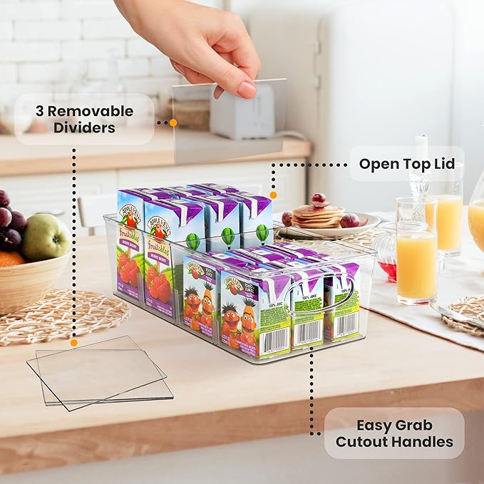 ELTOW Snack Organizer for Pantry Shelf – Clear Storage Bins with Removable Dividers, Kitchen & Pantry Snack Holder, Protein Bar Organizer, Food Storage for Cabinets & Fridge – Pack of 6