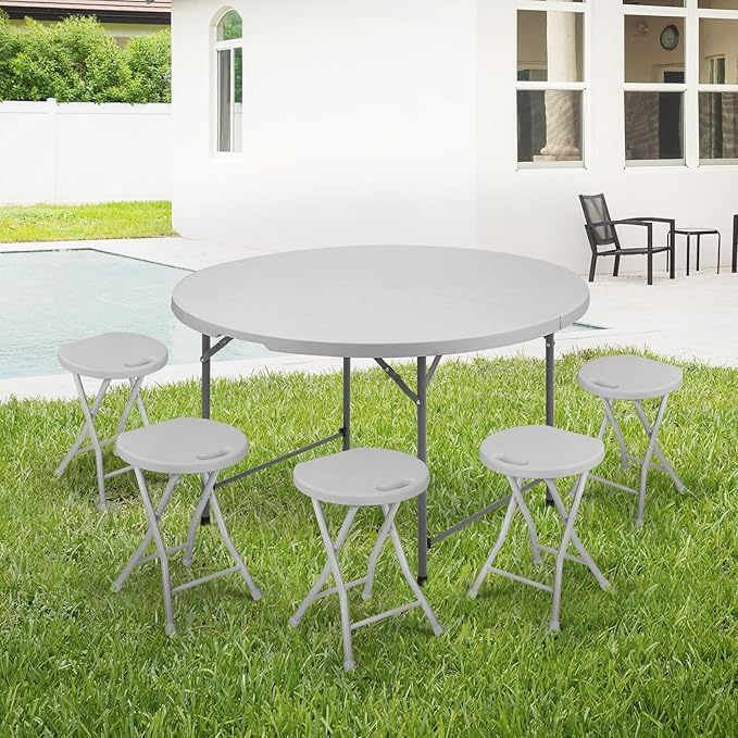 Athena Collection 4ft Plastic Folding Dining Table, Large Foldable Round Card Table Portable with Carry Handle Heavy Duty Fold-in-Half for Indoor Outdoor Party Camping, Grey-NeatNest