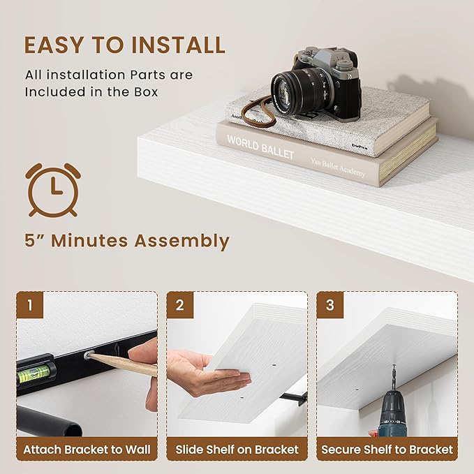 fuqing Floating Shelves for Wall, Bathroom Shelf Wall Mounted for Storage, Shelves with Invisible Bracket for Bedroom, Kitchen, Living Room, Farmhouse Small Book Shelf, 32 Inch Set of 2, White-NeatNest