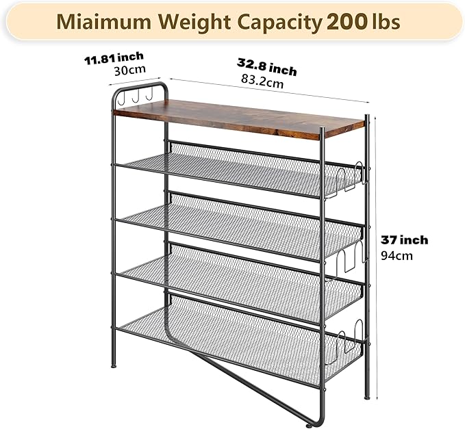 5 Tier Shoe Rack for Entryway, Metal Shoe Rack Organizer Holds 20 Pairs Shoes, Front Door Shoe Storage with Rustic Brown Wooden Top, Vertical shoe rack for Space Saving Shoe Organizer (5-Tiers)-NeatNest