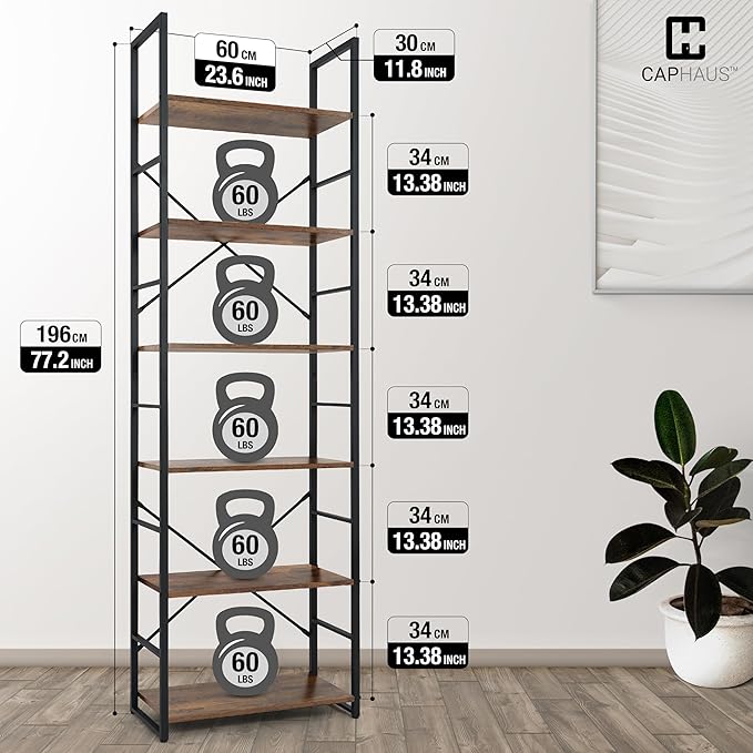 CAPHAUS 6 Tier Bookshelf, 24 Inch Width Free Standing Shelf, Bookcase Shelf Storage Organizer, Industrial Book Shelves for Home Office, Living Room, Kitchen, Rustic Oak Vintage Shelves & Metal Frame-NeatNest