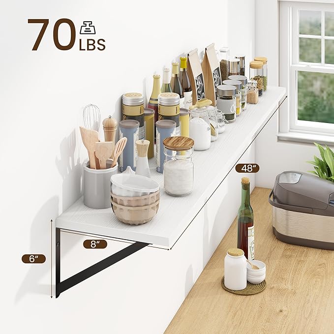 Fun Memories Deep Floating Shelves for Wall, 48W x 8D Wall Mounted Shelves Set of 2, Wide Display Ledge Shelf with Sturdy Metal Brackets for Living Room, Bathroom, Bedroom and Kitchen, White-NeatNest