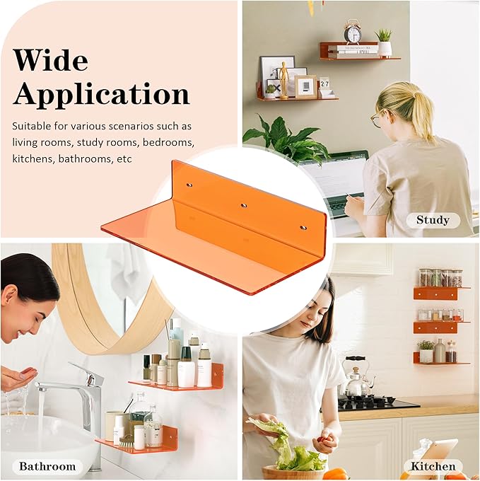 12 Inches Small Orange Wall Shelves Set of 2, Acrylic Floating Shelf for Bedroom, Living Room, Funko Pop Shelves, Smart Speaker, 2 Pack-NeatNest