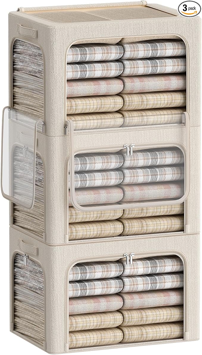 3 Openings Clothes Storage Bins Box - 3Pack Stackable Foldable Storage Bin - Metal Frame Storage Box Clothing Storage Organizer with Clear Window, Carry Handles (Beige, 100L-23.6x16.5x15.7in)-NeatNest