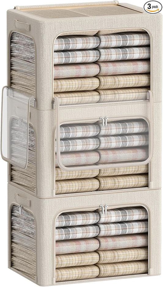 3 Openings Clothes Storage Bins Box - 3Pack Stackable Foldable Storage Bin - Metal Frame Storage Box Clothing Storage Organizer with Clear Window, Carry Handles (Beige, 100L-23.6x16.5x15.7in)-NeatNest