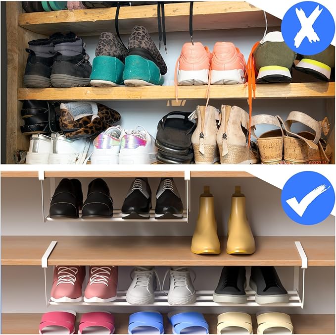 2 Pcs Expandable Shoe Rack Organizer for Closet 16.5-31.5 Inch Adjustable Retractable Hanging Cabinet Shoe Shelf Dorm Room Storage for Space Saving (White)-NeatNest