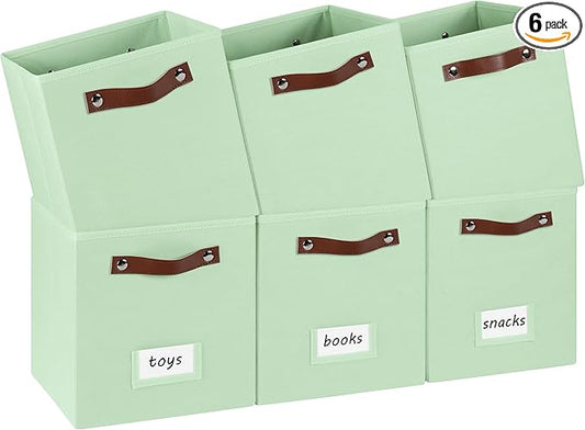 6-Pack Collapsible Fabric Storage Cubes with Handles & Label Holders, Closet Cube Home Organizer Bins (Sage Green, 10.5 * 10.5 * 11 inch)