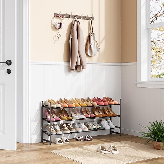 Tajsoon 3 Tier Expandable Shoe Rack for Closet, 28“-41“Adjustable & Stackable Shoe Shelf Storage, Metal Shoe Rack Organizer for Front Door Entrance, Closet, Garage, Entryway, Bronze-NeatNest