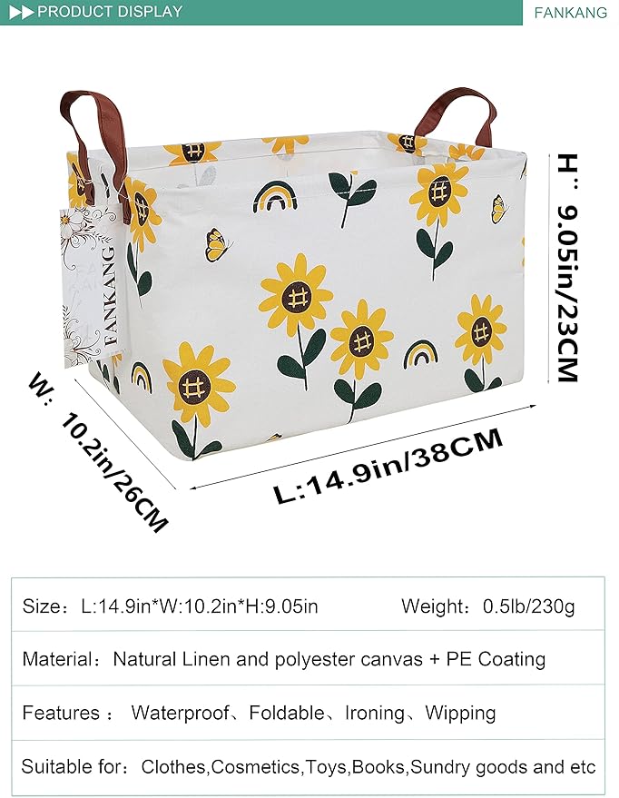 FANKANG Storage Bins, Nursery Hamper Canvas Laundry Basket Foldable with Waterproof PE Coating Large Storage Baskets for Kids Boys and Girls, Office, Bedroom, Clothes,Toys(Rec-Sunflower）