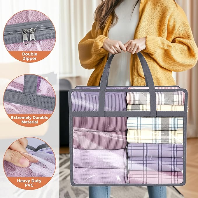Budding Joy 6 Pack Clear Zippered Storage Bags for Clothes,40L Closet Organizers and Storage Containers Vinyl Moving Bag for Bedding, Linen, Blankets, Comforters, Clothing & Toys, Grey-NeatNest