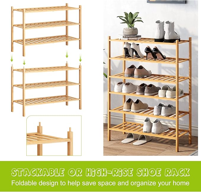 BMOSU 3-Tier Bamboo Shoe Rack Premium Stackable Shoe Shelf Storage Organizer for Hallway Closet Living Room Entryway Organizer (Natural Bamboo)-NeatNest