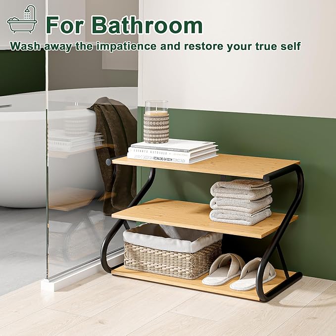 Bamboo Shoe Rack, Z-Frame Wooden 3-Tier Shelf with Durable Metal Shelves, Shoe Organizer for High Heels, Hallway, Living Room, Closet, Bedroom (Natural)-NeatNest