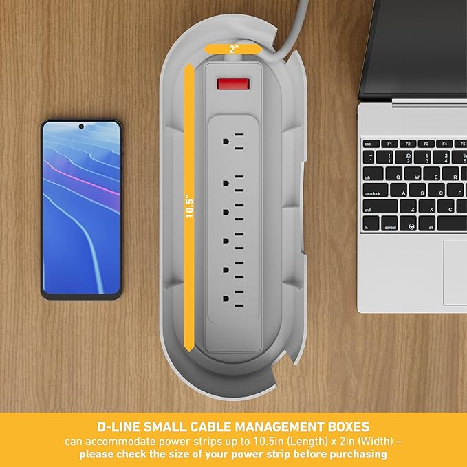 D-Line Cable Management Box, Power Strip Holder, Floor Outlet Hiders, Desk Cord Organizer, Cover TV Wires, Wire Storage, Extension Hider, Office Concealer for Cords - Small, Wood-Effect Lid