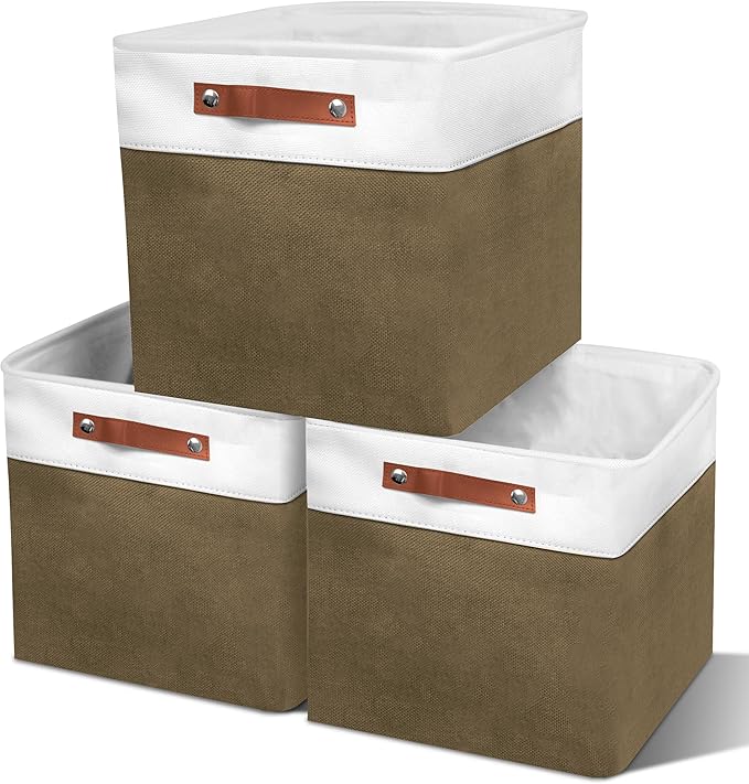 13in Open Fabric Storage Basket with Leather Handles for Organizing, Collapsible Linen Closet Bins for Shelves, Closets, Laundry, Decorative Basket for Gifts. (White＆Brown, 3PCS/13x13in)-NeatNest