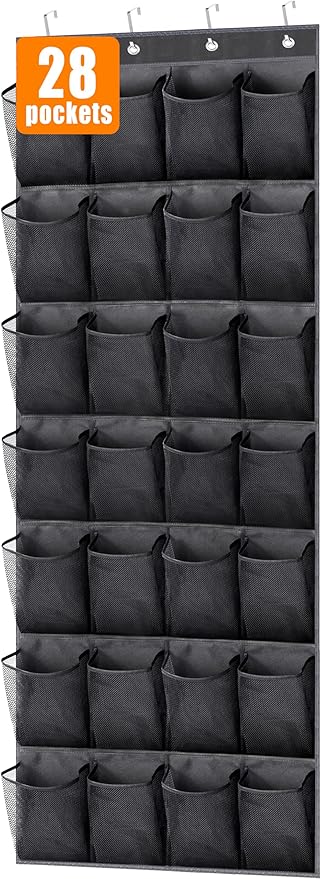 MISSLO 28 Large Pockets Hanging Shoe Organizer Over The Door Shoe Rack for Closet Door Storage Mesh Shoe Holder Hanger for Men, Black-NeatNest