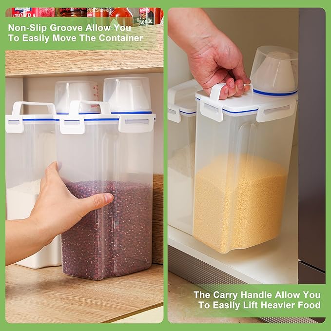 2 Pcs 5.5Lbs Rice Dispenser Storage Containers, Rice Container with Measuring Cup & Pour Spout, Kitchen Plastic Airtight Container for Cereal, Grain, Flour, Sugar, Oatmeal, Dry Pet Dog Food-NeatNest