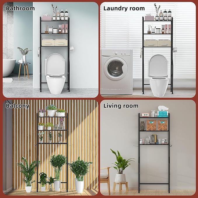 3 Tier Over The Toilet Storage Rack with 2 Basket, Metal Freestanding Bathroom Shelves Toilet with Paper Holder and 4 Hooks, Over Toilet Storage Shelf for Bathroom Storage, Black-NeatNest