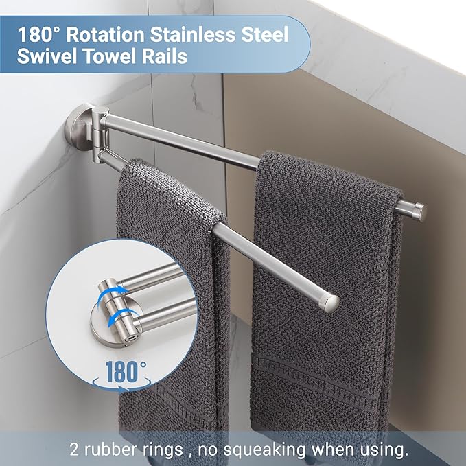 BGL Swivel Towel Bar for Bathroom Brushed Nickel,Swing Out Double Towel Bar 2-Arm Kitchen Wall Mounted Towel Hanger Holder for Bathroom Organizer-NeatNest