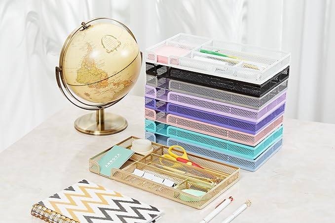 Annova Desk Drawer Organizer Tray for Office Organization - Metal Mesh - Storage Tray with Dividers for Pens, Desktop Accessories, Bathroom, Kitchen, Makeup and Office Supplies (Small, Black)-NeatNest